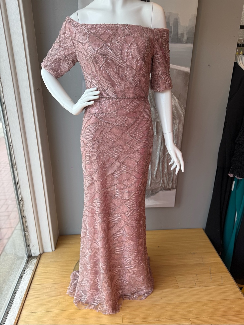 Off-Shoulder Dusty Rose Lace Evening Dress